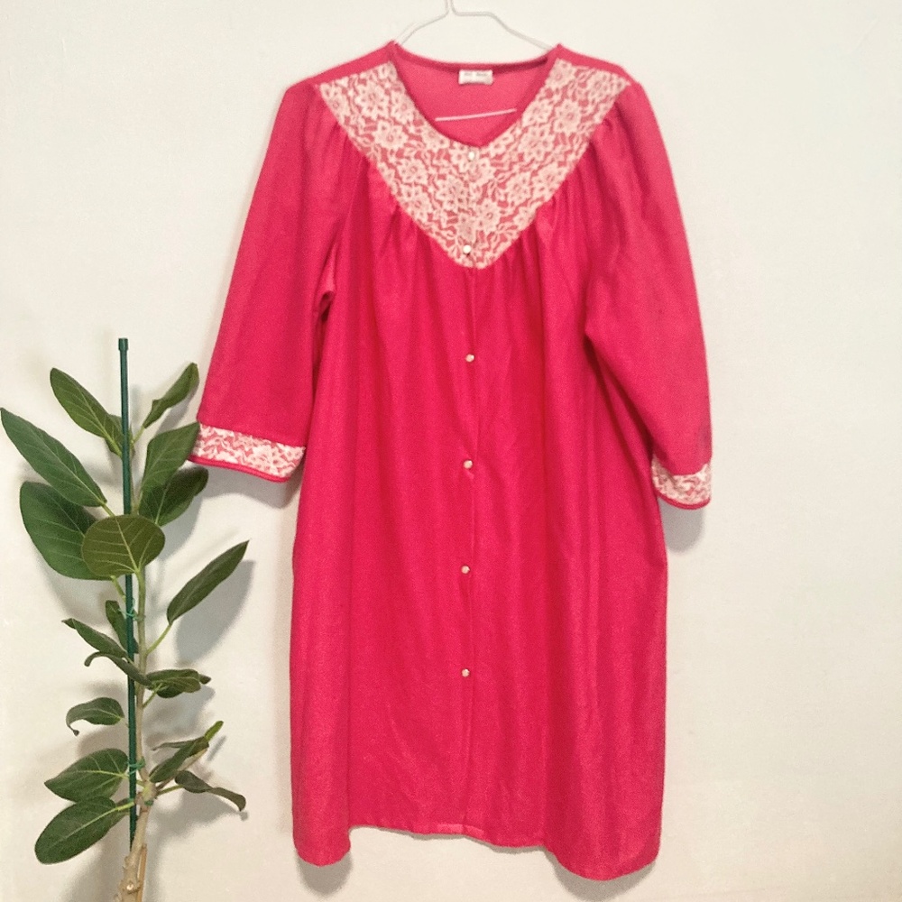 Vintage Pink Fuzzy Nightgown Lace Trim